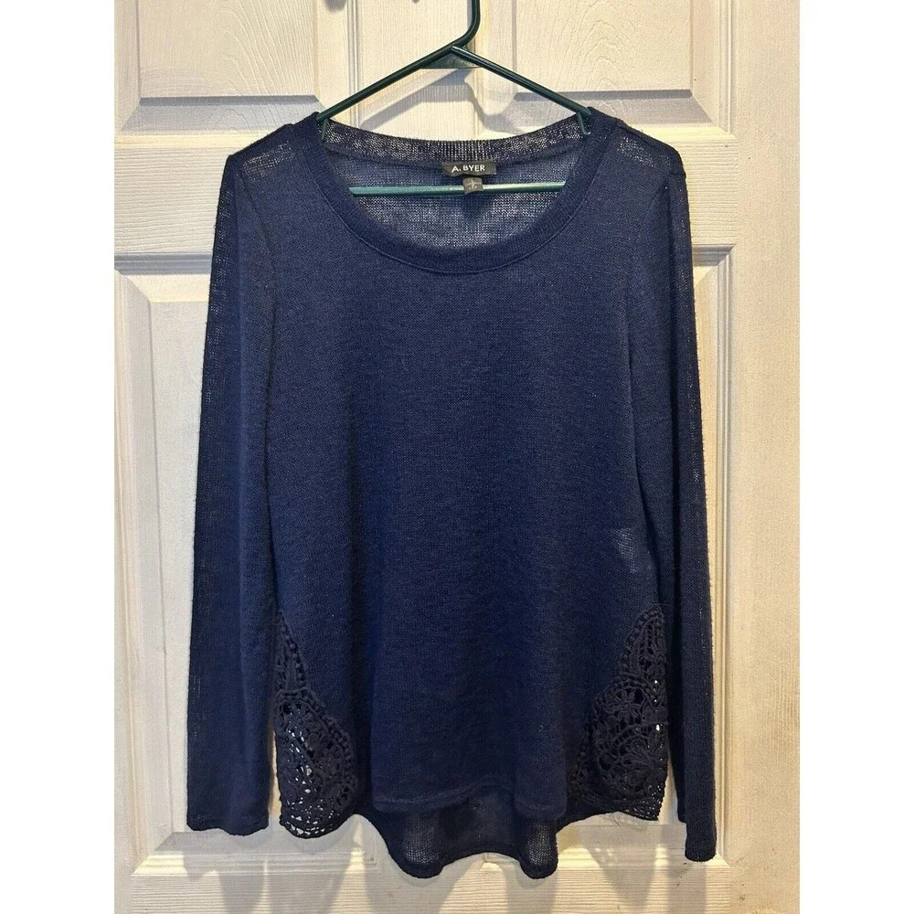 Vintage A. Byer Blue Boho Flowy Top Crochet Panel Knit Sweater Made In USA Large